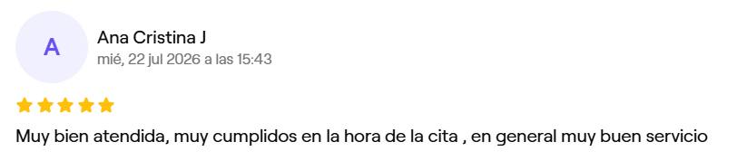 Reseña de Ana Cristina J, 5 estrellas en Fresha: Muy bien atendida, muy cumplidos en la hora de la cita, en general muy buen servicio.