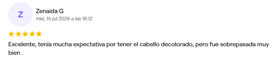 Reseña de Zenaida G, 5 estrellas en Fresha: Excelente, tenía mucha expectativa por tener el cabello decolorado, pero fue sobrepasada muy bien.